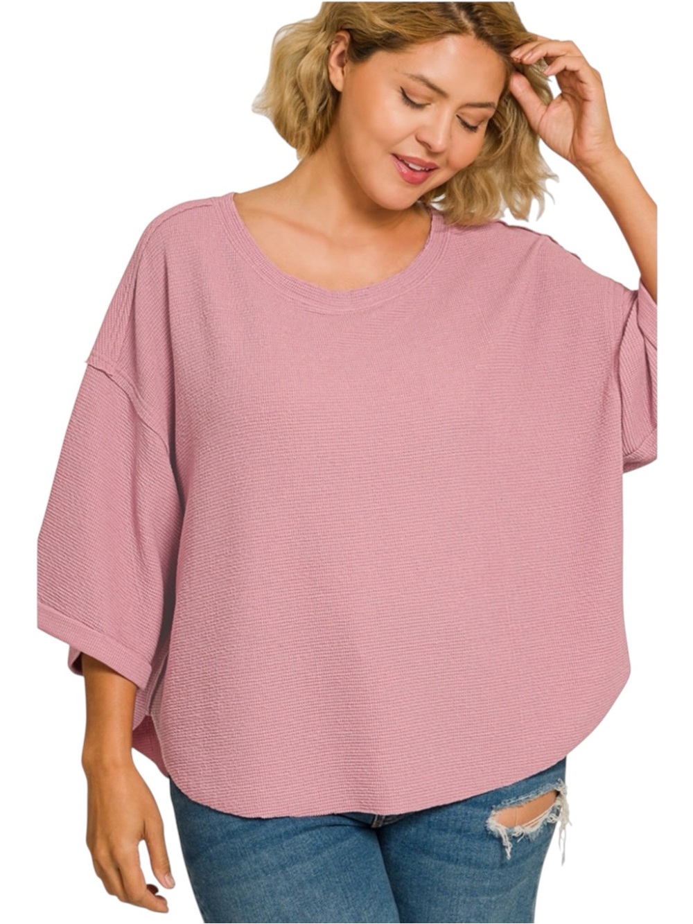 7166. PLUS DOUBLE KNIT EXPOSED SEAM CURVED HEM SHORT SLEEVE TOP